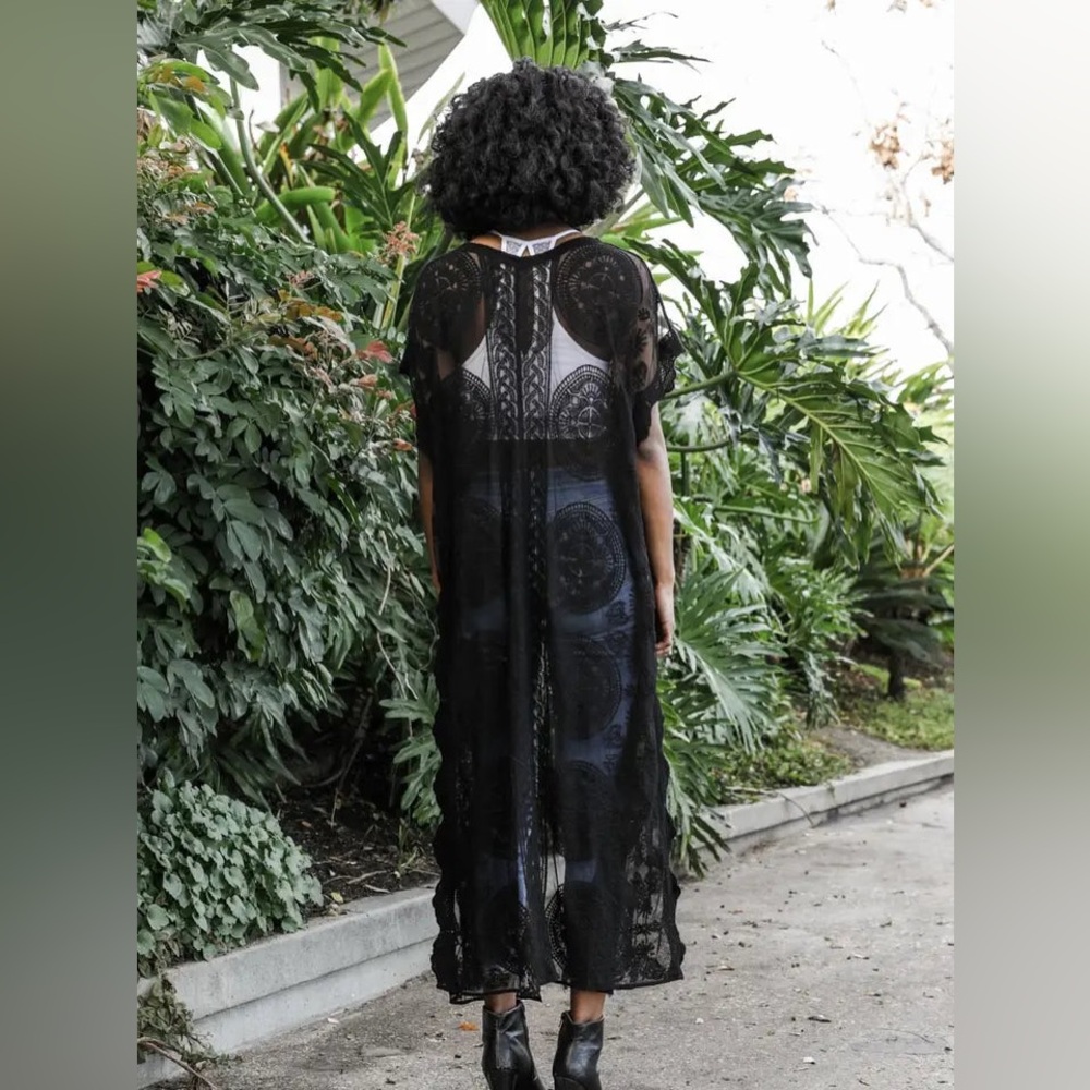544. Black Maxi Kimono Duster Black Sexy Bohemian Lace Open Front coverup - Picture 3 of 3